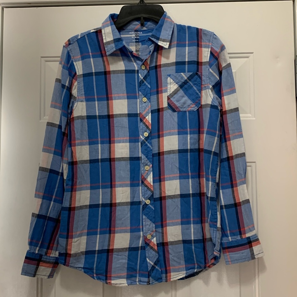 4/$10 boys Arizona 100% cotton size 18/20 XL blue/pink flannel button down shirt